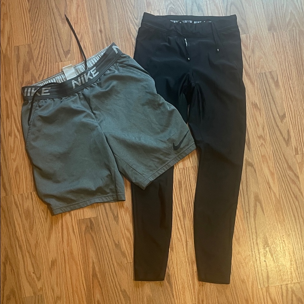 Nike bundle!! Black performance leggings and gray shorts. Both size small